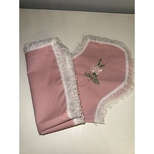 VTG Embroidered Bread Basket Liner PINK Cloth With 2 Matching Placemats/Napkins